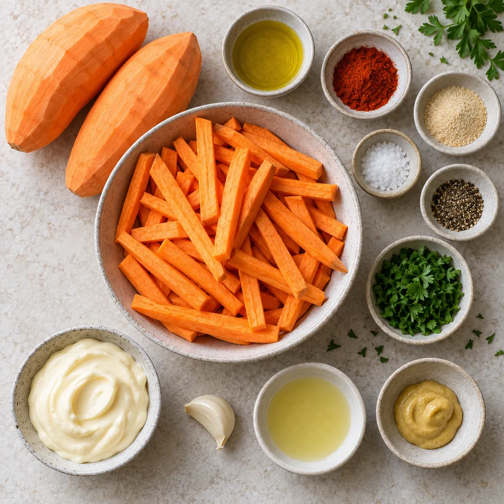 Peeled sweet potatoes, cut fries, olive oil, paprika, garlic powder, parsley, mayonnaise, garlic, lemon, Dijon, salt and pepper