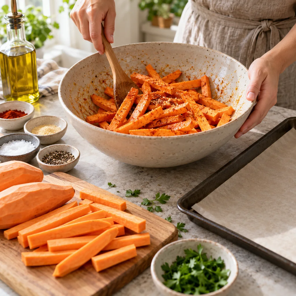 Raw sweet potato fries tossed with olive oil, paprika, garlic powder, salt and pepper