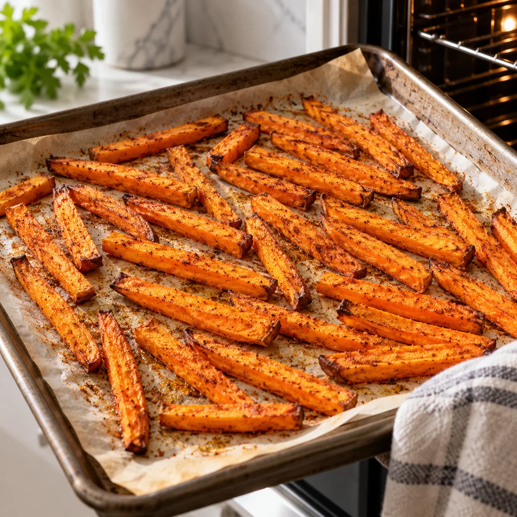 Seasoned sweet potato fries browned on a parchment-lined baking tray