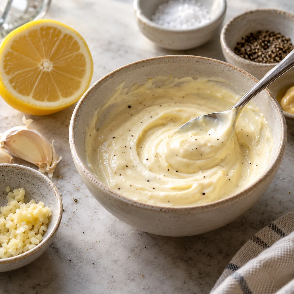 Creamy garlic aioli stirred with minced garlic, lemon and Dijon in a small bowl