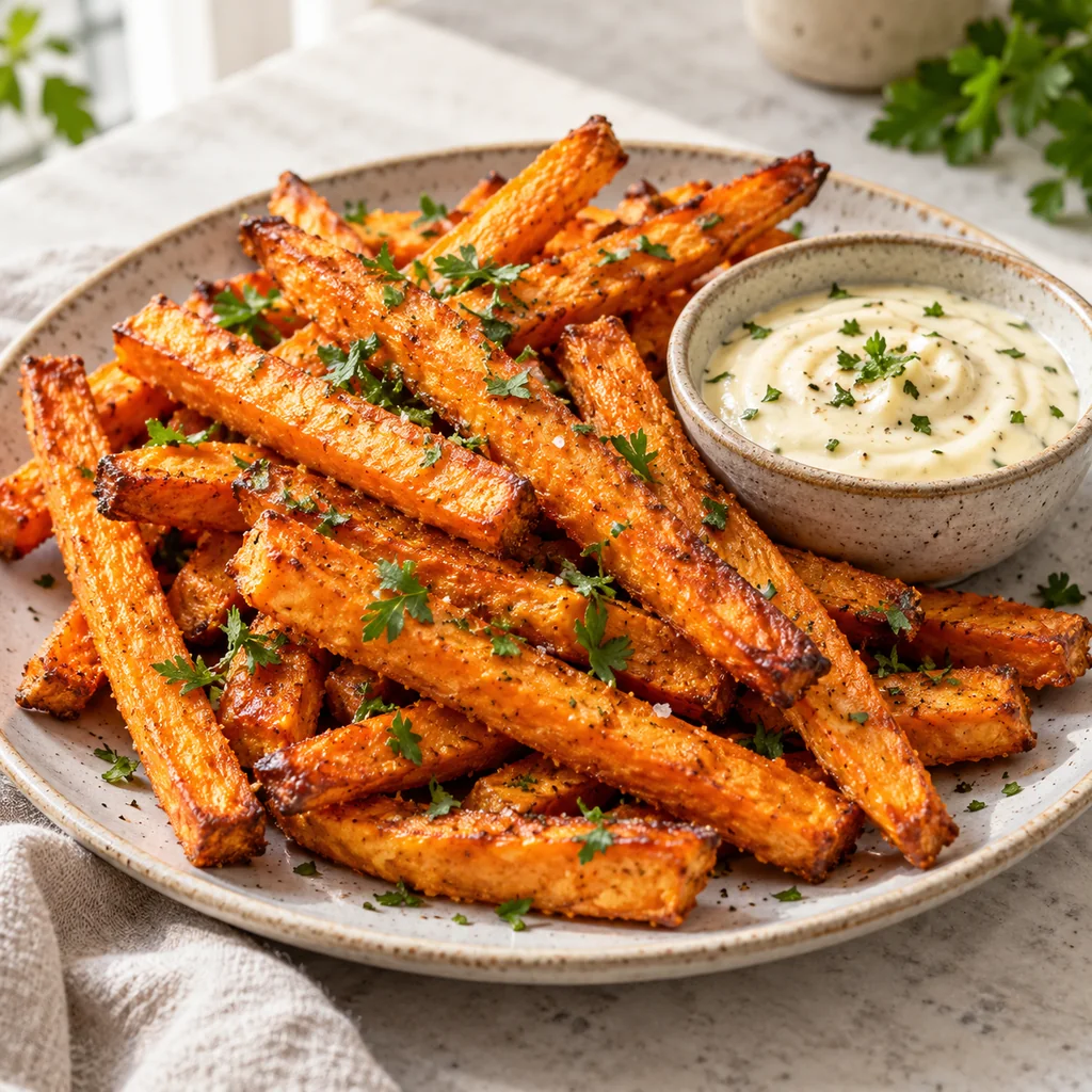 Baked sweet potato fries with parsley served beside creamy garlic aioli