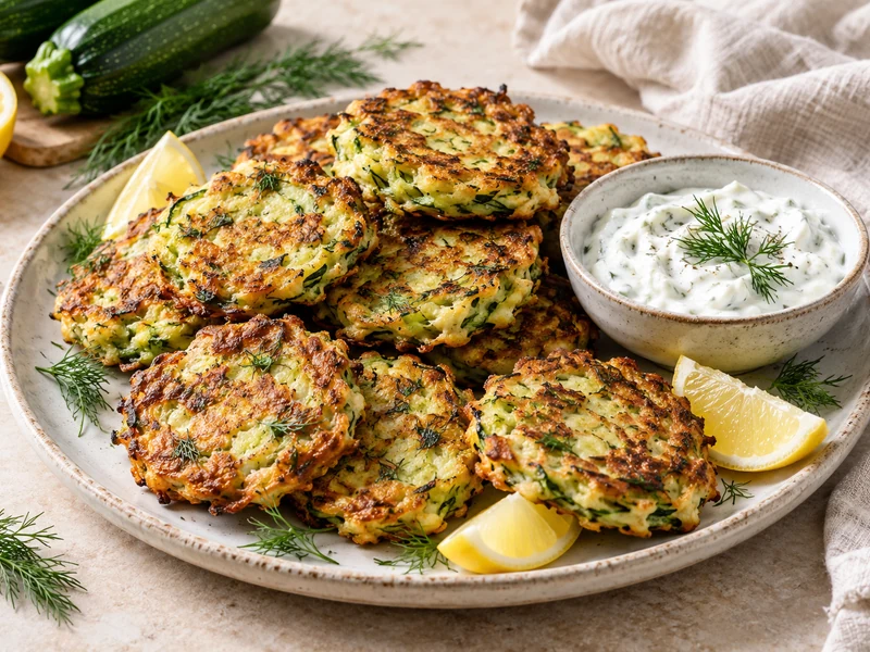 Golden baked zucchini fritters with yogurt garlic dip, lemon and dill