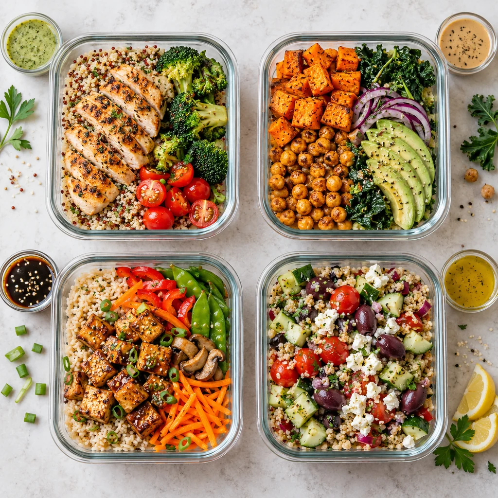 Four distinct balanced meal prep bowls with chicken, chickpeas, tofu, grains, vegetables, and separate sauces