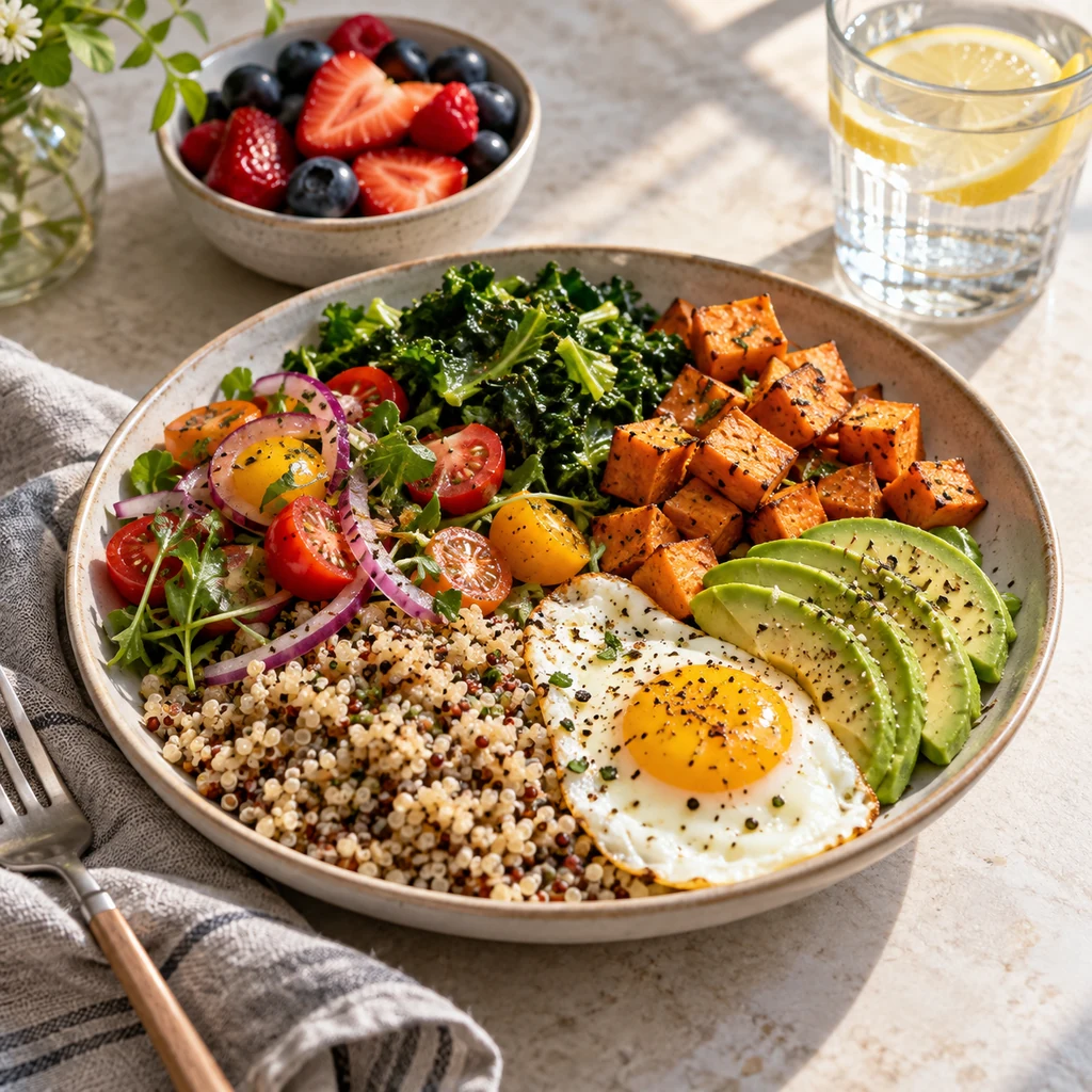 Balanced meal with whole grains, protein, vegetables, and healthy fats
