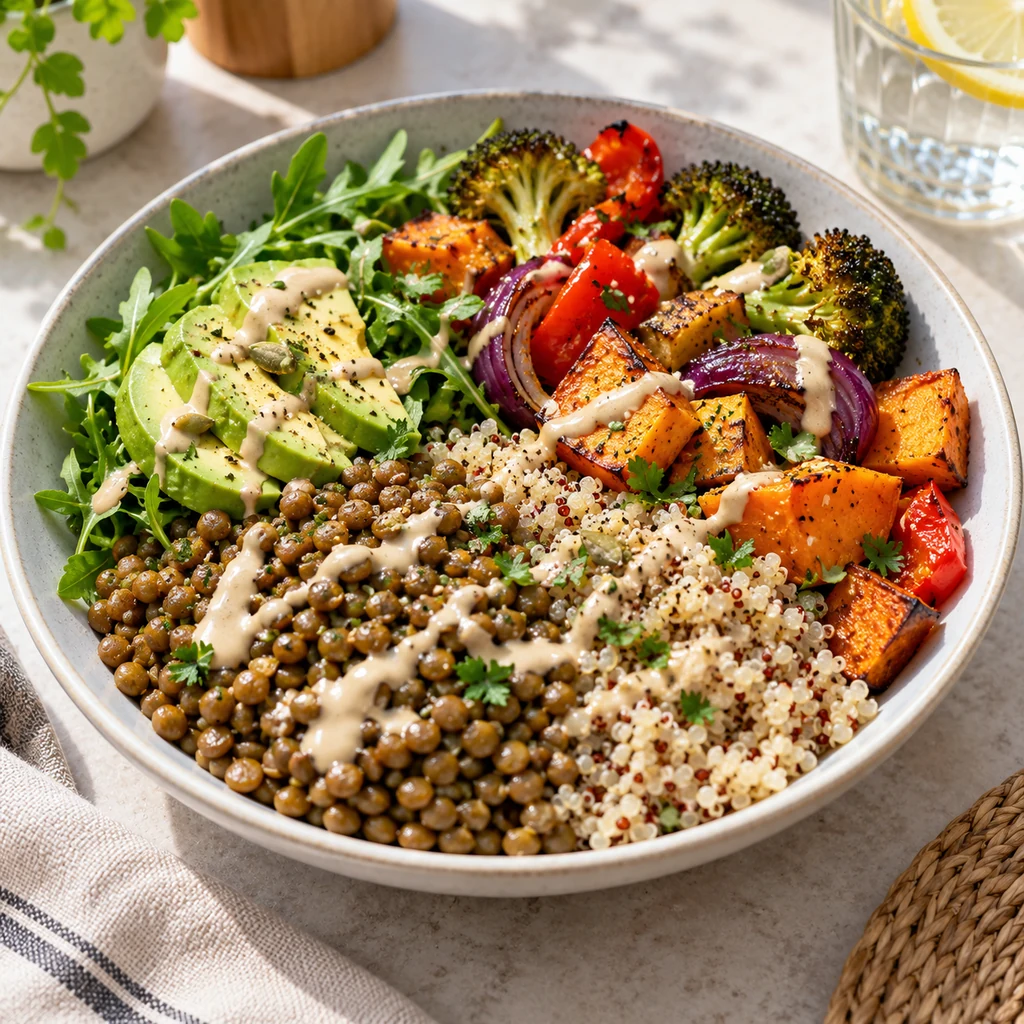 Balanced plant-based plate with lentils, quinoa, vegetables, and tahini