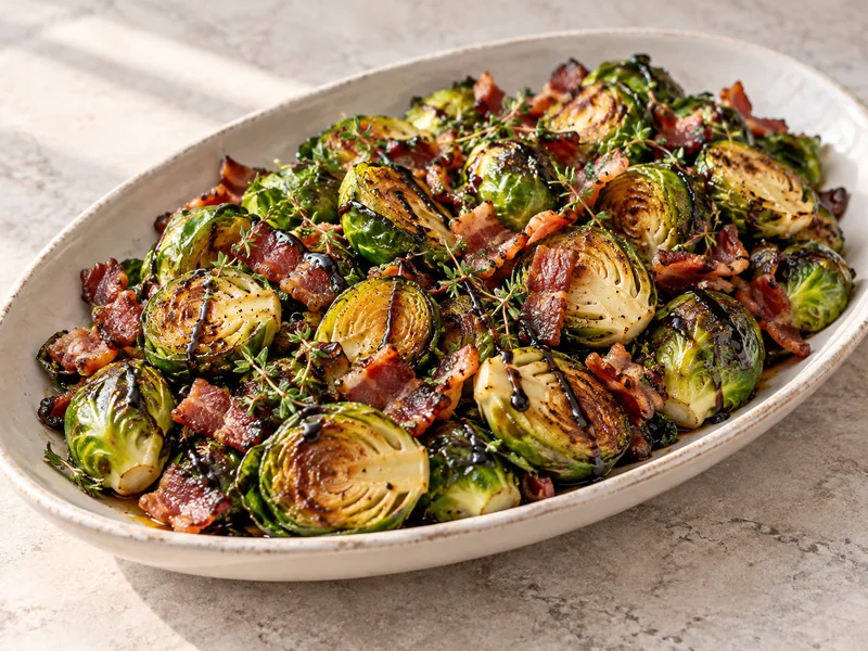 Balsamic glazed Brussels sprouts with crispy bacon and fresh thyme in a serving platter