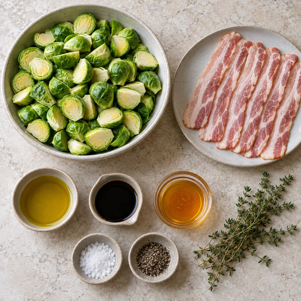 Halved raw Brussels sprouts, uncooked bacon, olive oil, balsamic vinegar, honey, thyme, salt and pepper arranged separately