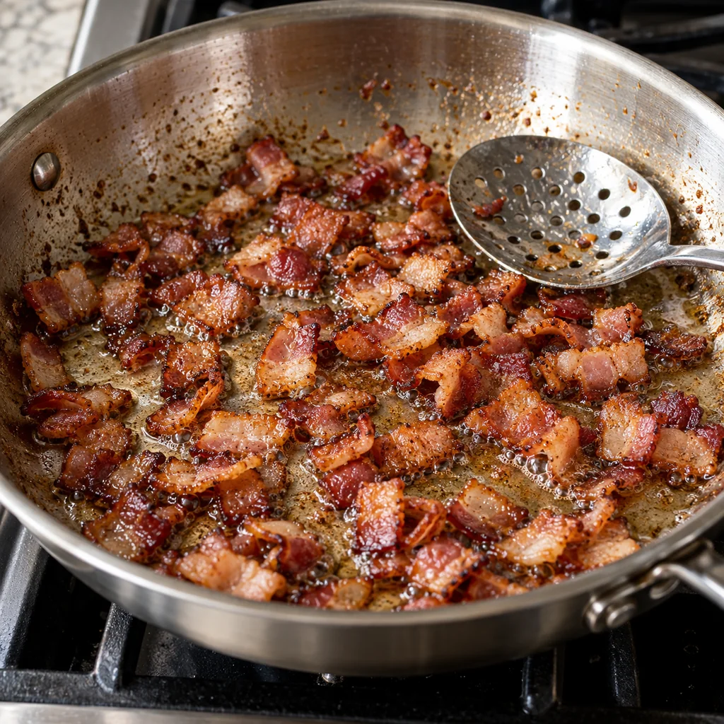 Chopped bacon cooking until crisp in a skillet with rendered fat