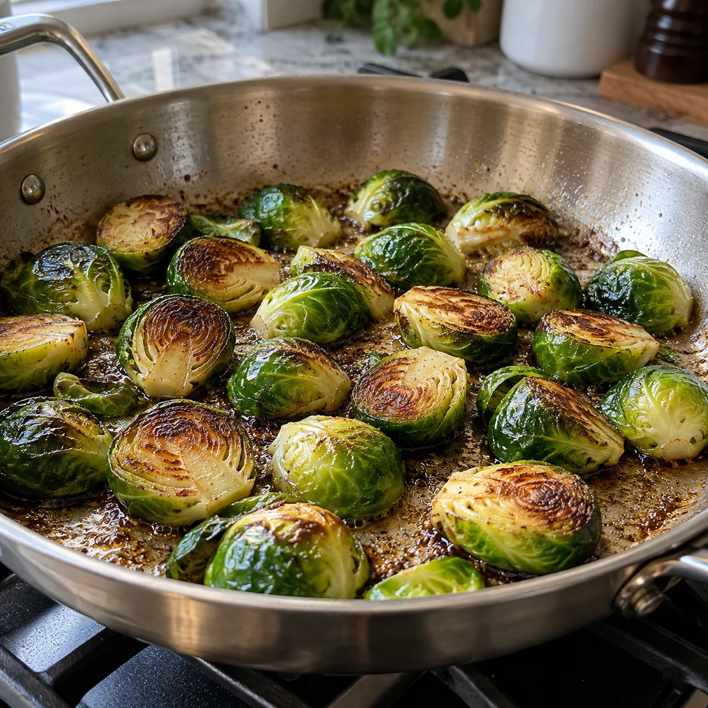 Halved Brussels sprouts browning cut-side down in a skillet