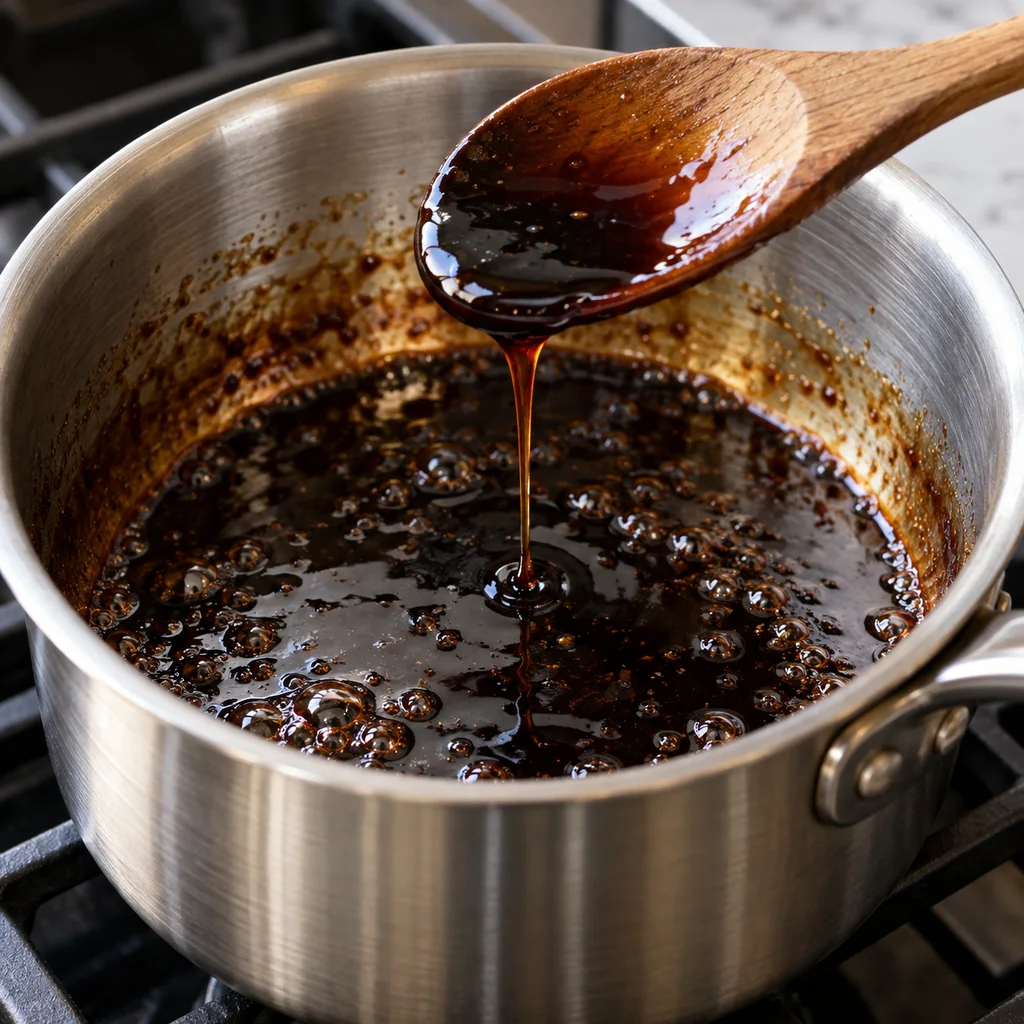 Balsamic vinegar and honey reducing to a glossy glaze in a small saucepan