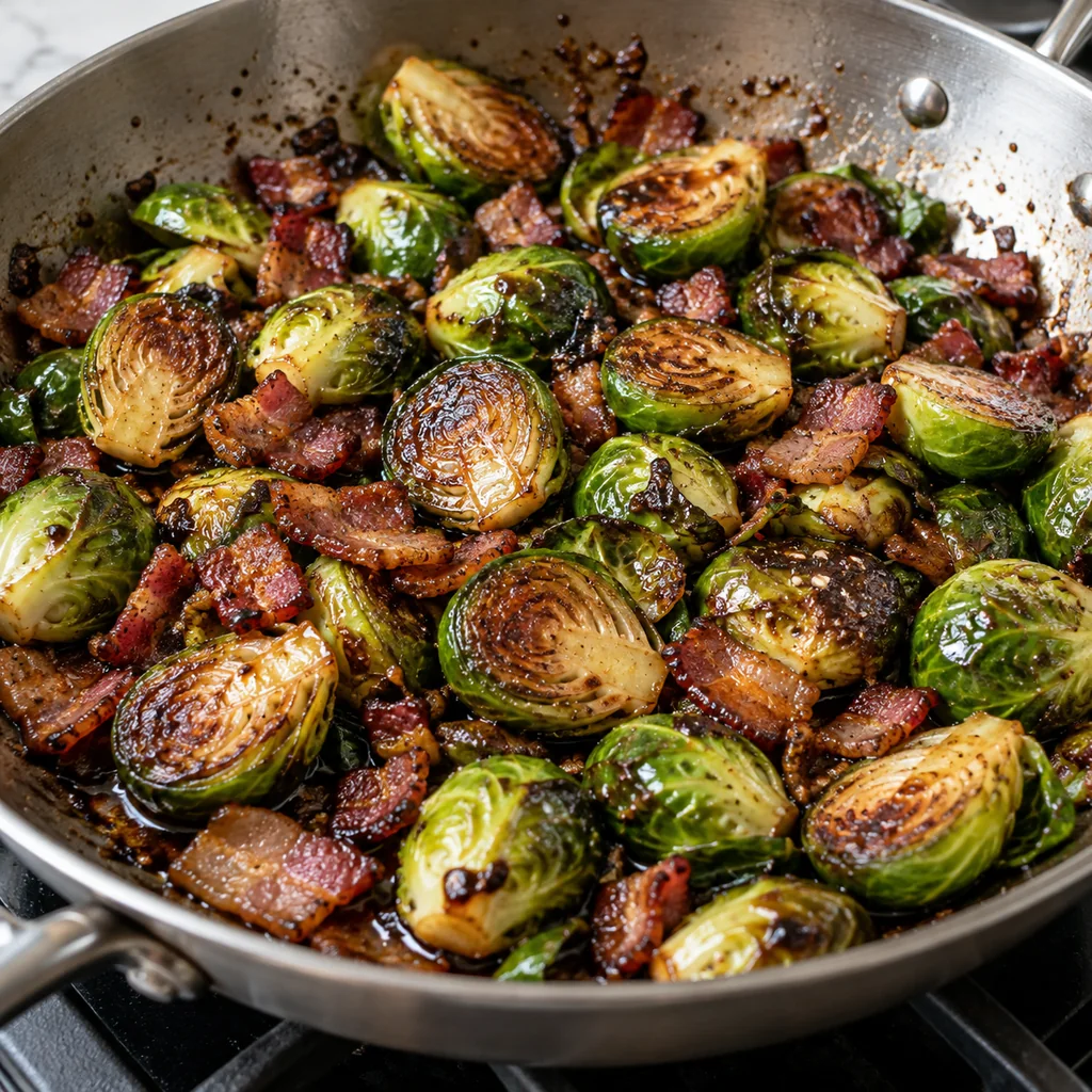 Browned Brussels sprouts and crispy bacon coated with balsamic glaze in a skillet