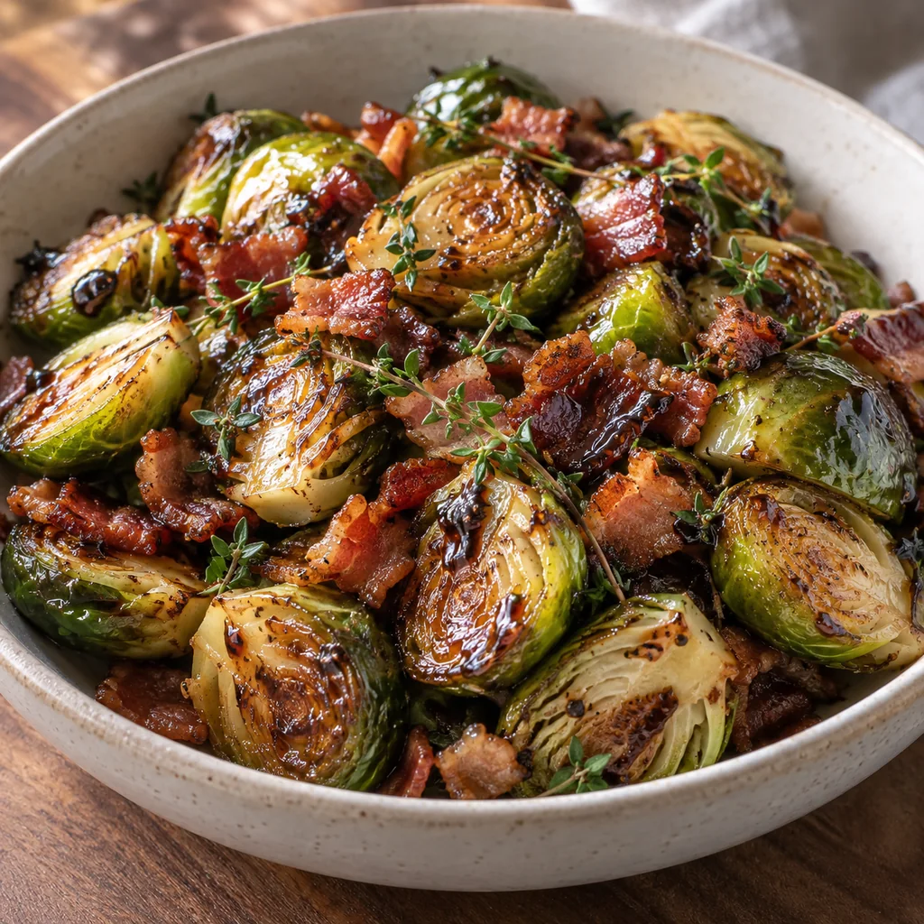 Finished balsamic Brussels sprouts with crispy bacon and fresh thyme in a serving bowl