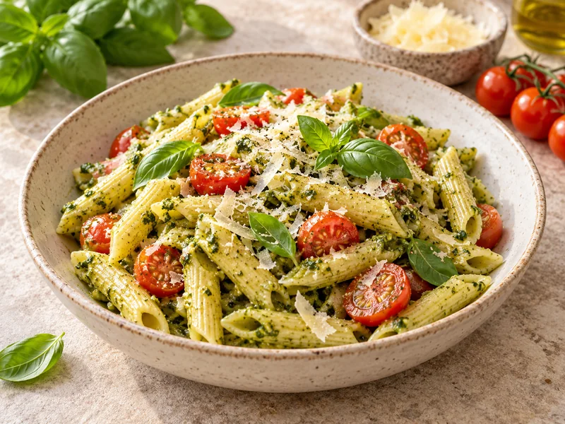 Basil pesto penne with cherry tomato halves, Parmesan and basil in a ceramic bowl