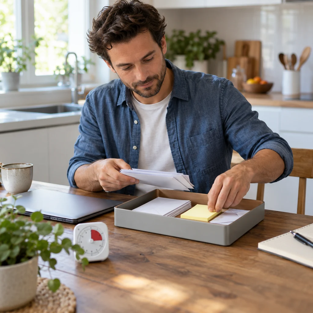 Man sorting envelopes and blank notes into one administrative task tray