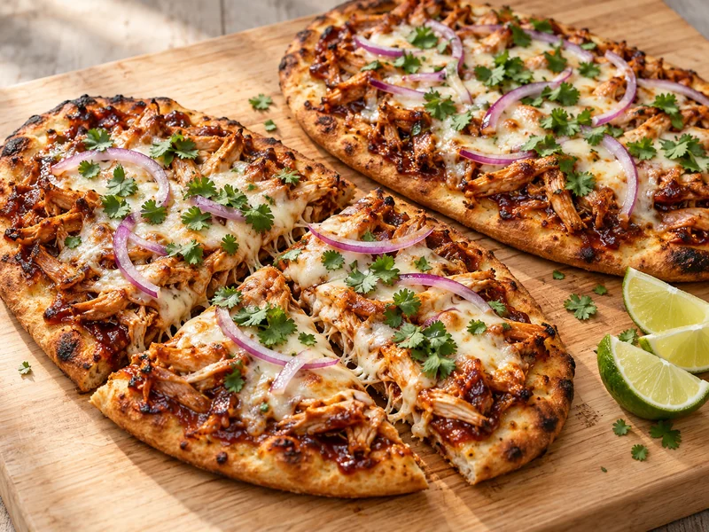 BBQ chicken flatbread pizzas with melted mozzarella, red onion and fresh cilantro on a serving board