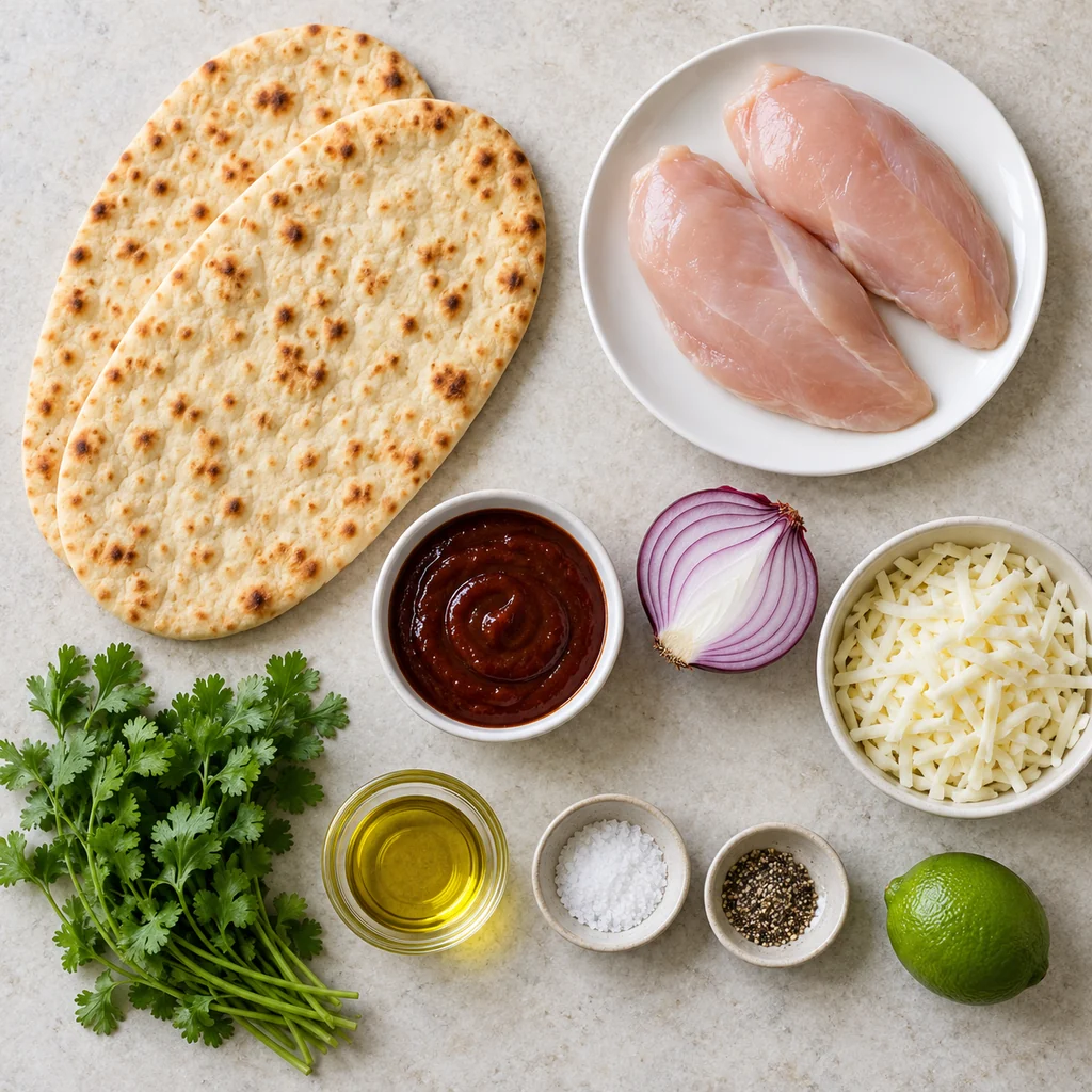 Two flatbreads, raw chicken breasts, barbecue sauce, red onion, mozzarella, cilantro, olive oil, salt, pepper and lime