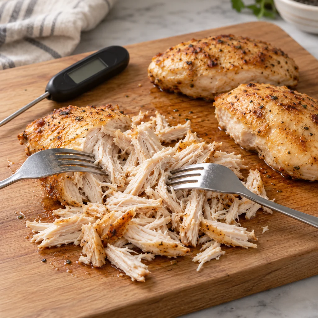 Fully cooked chicken breasts being shredded with two forks on a clean board beside a thermometer