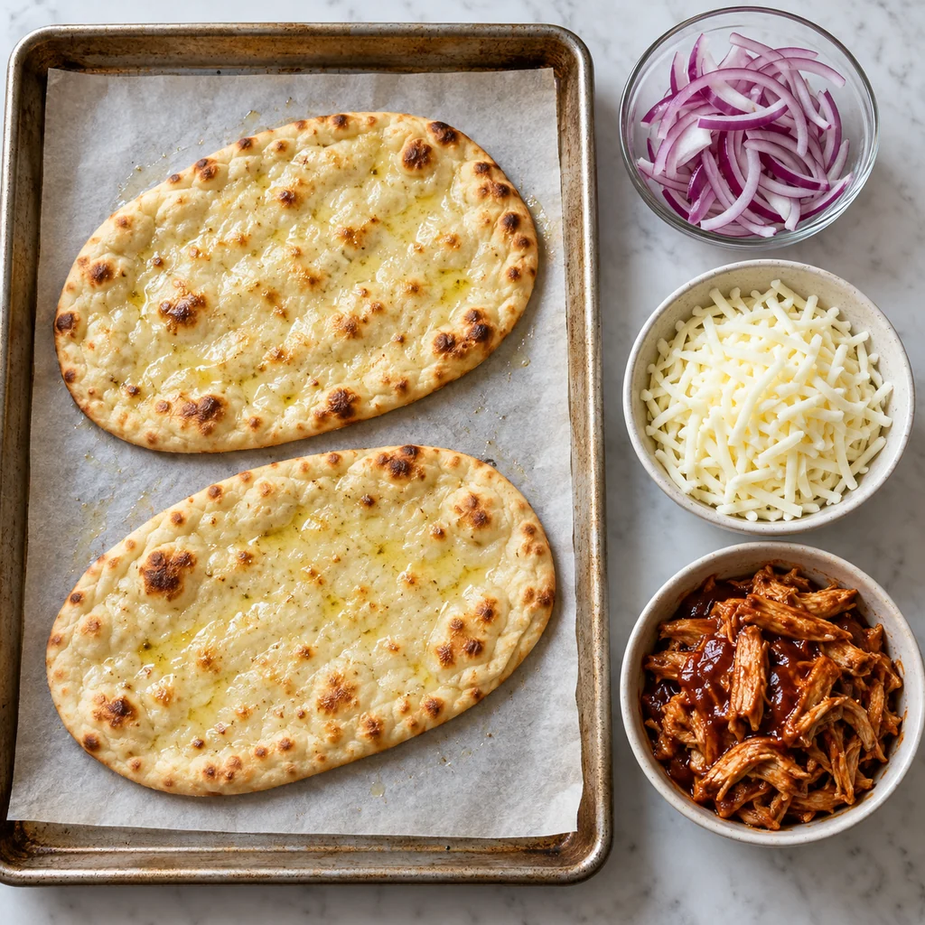 Two oval flatbreads lightly brushed with oil beside sliced red onion, shredded mozzarella and cooked barbecue chicken