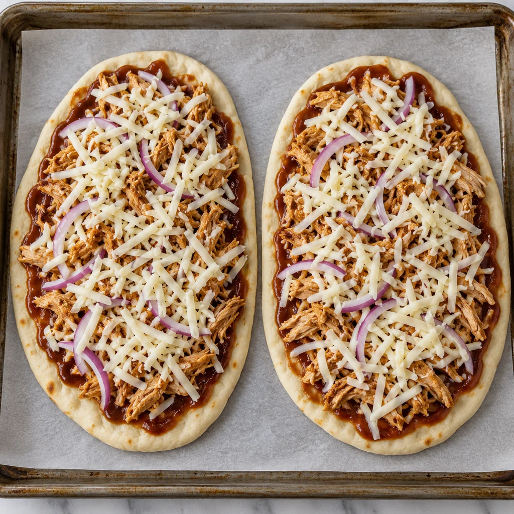 Two unbaked oval flatbread pizzas topped with barbecue sauce, cooked chicken, red onion and unmelted mozzarella