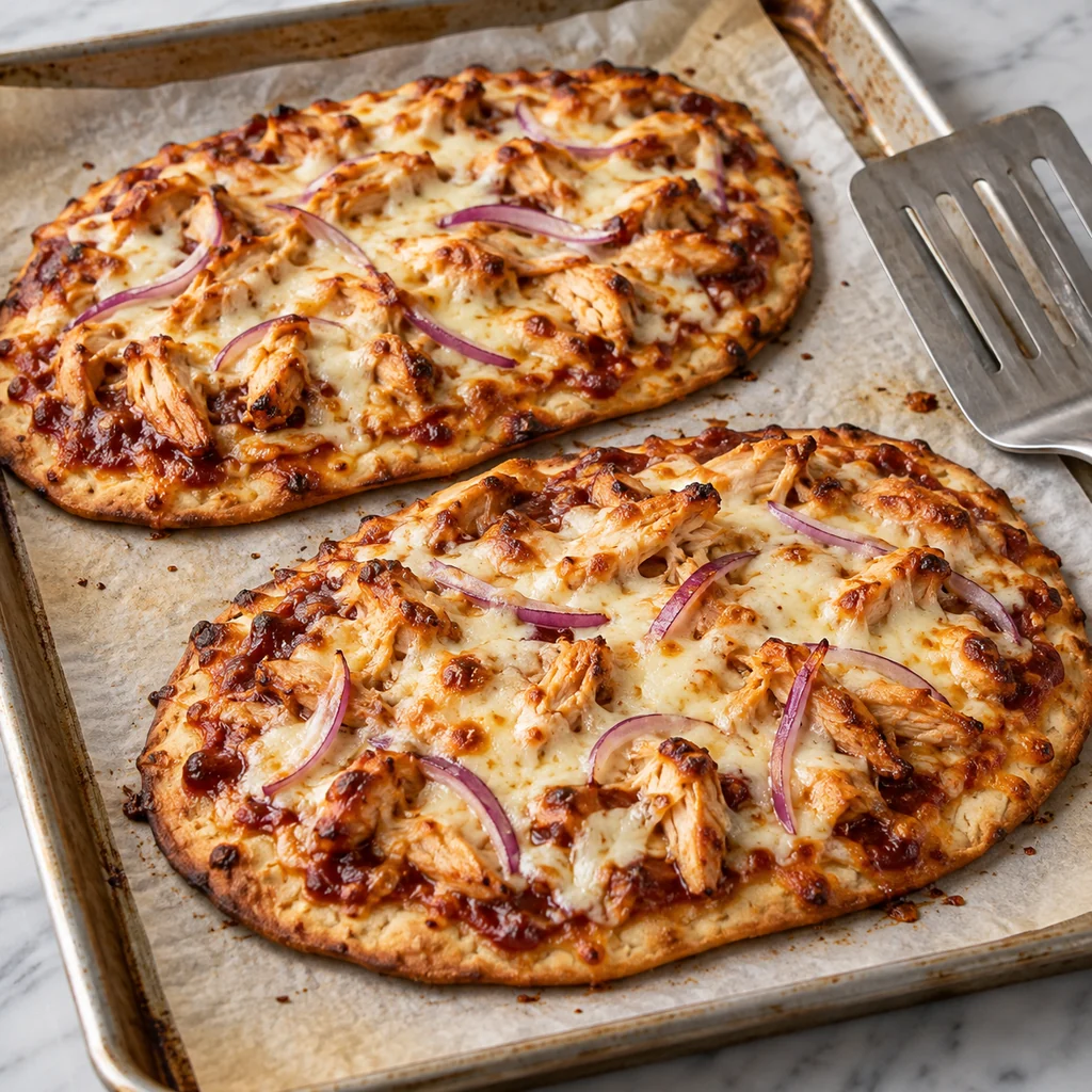 Two baked barbecue chicken flatbread pizzas with melted mozzarella and browned edges on a tray