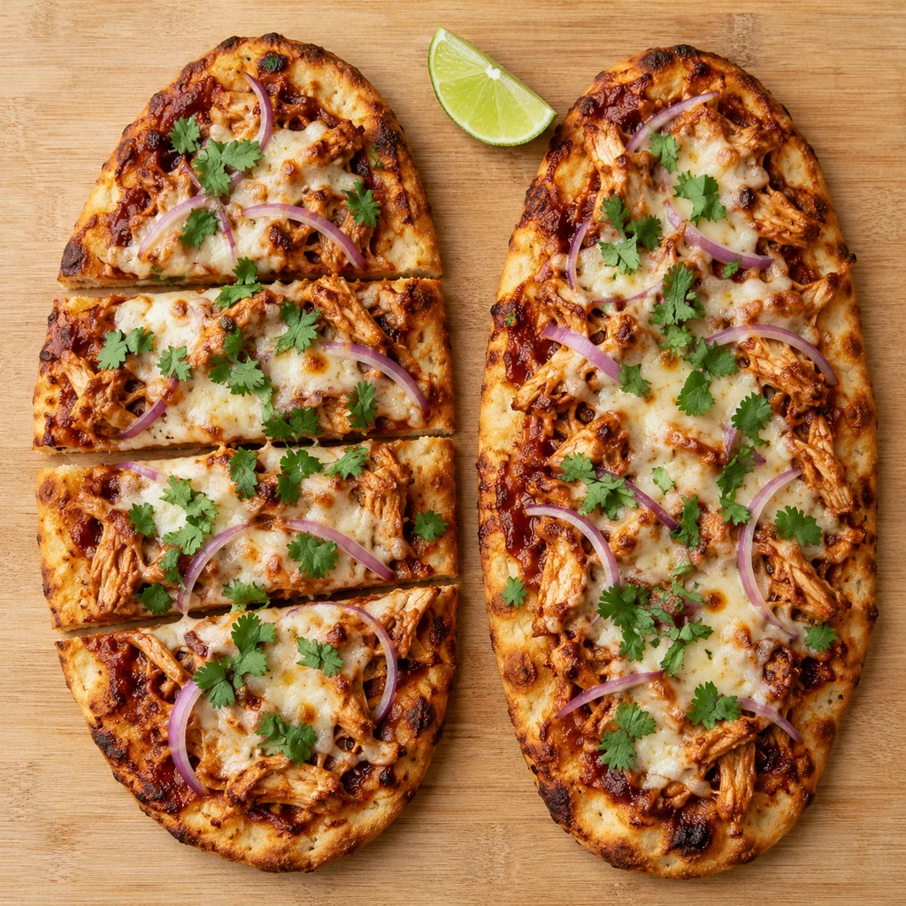 Two oval barbecue chicken flatbread pizzas finished with fresh cilantro, one sliced crosswise, with a lime wedge
