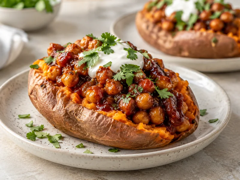 Finished barbecue chickpea stuffed sweet potato with yogurt and cilantro on a plate