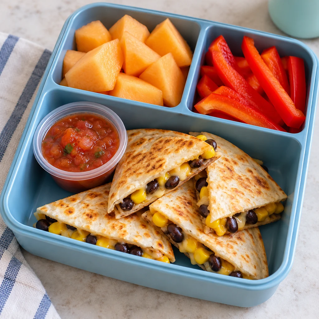 Black bean, corn and cheese quesadilla wedges with salsa, cantaloupe and red bell pepper strips