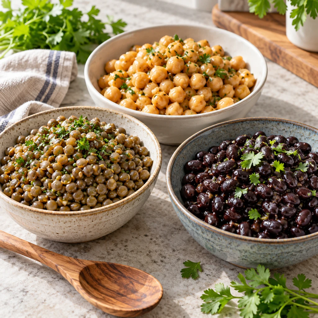 Bowls of cooked lentils, chickpeas, and black beans