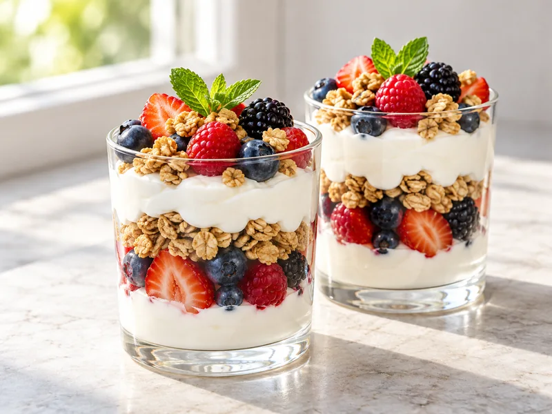 Two finished layered berry and Greek yogurt parfaits topped with granola and mint