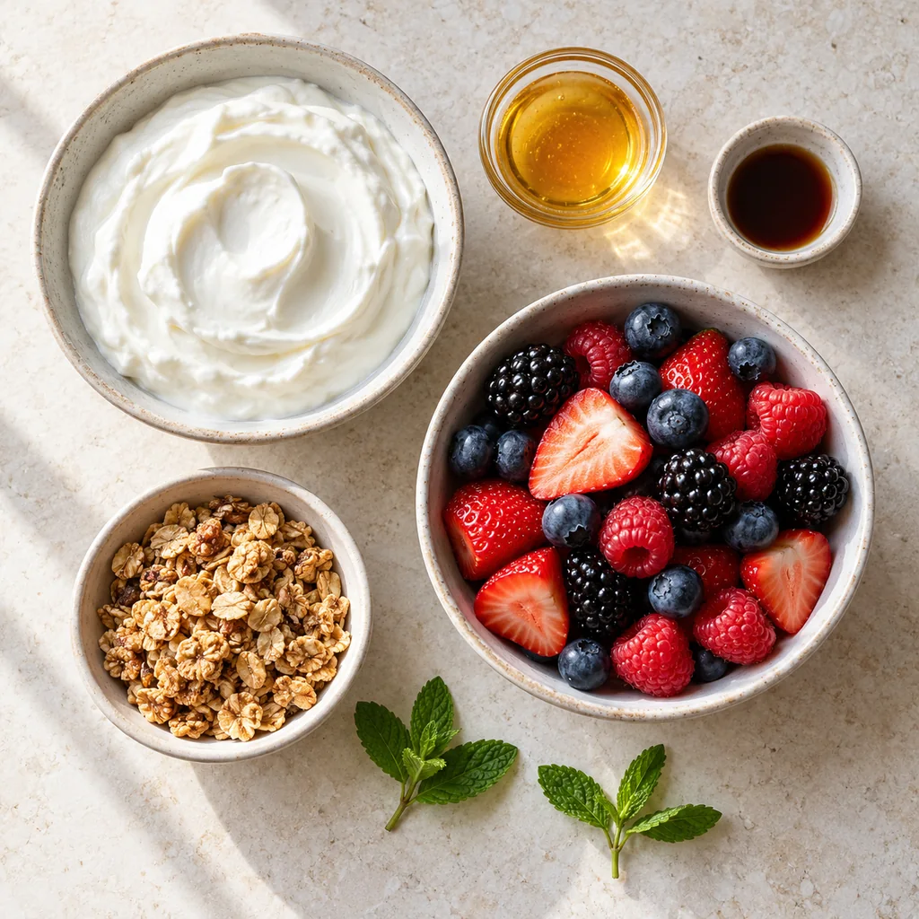 Greek yogurt, honey, vanilla, mixed fresh berries, granola, and mint arranged separately