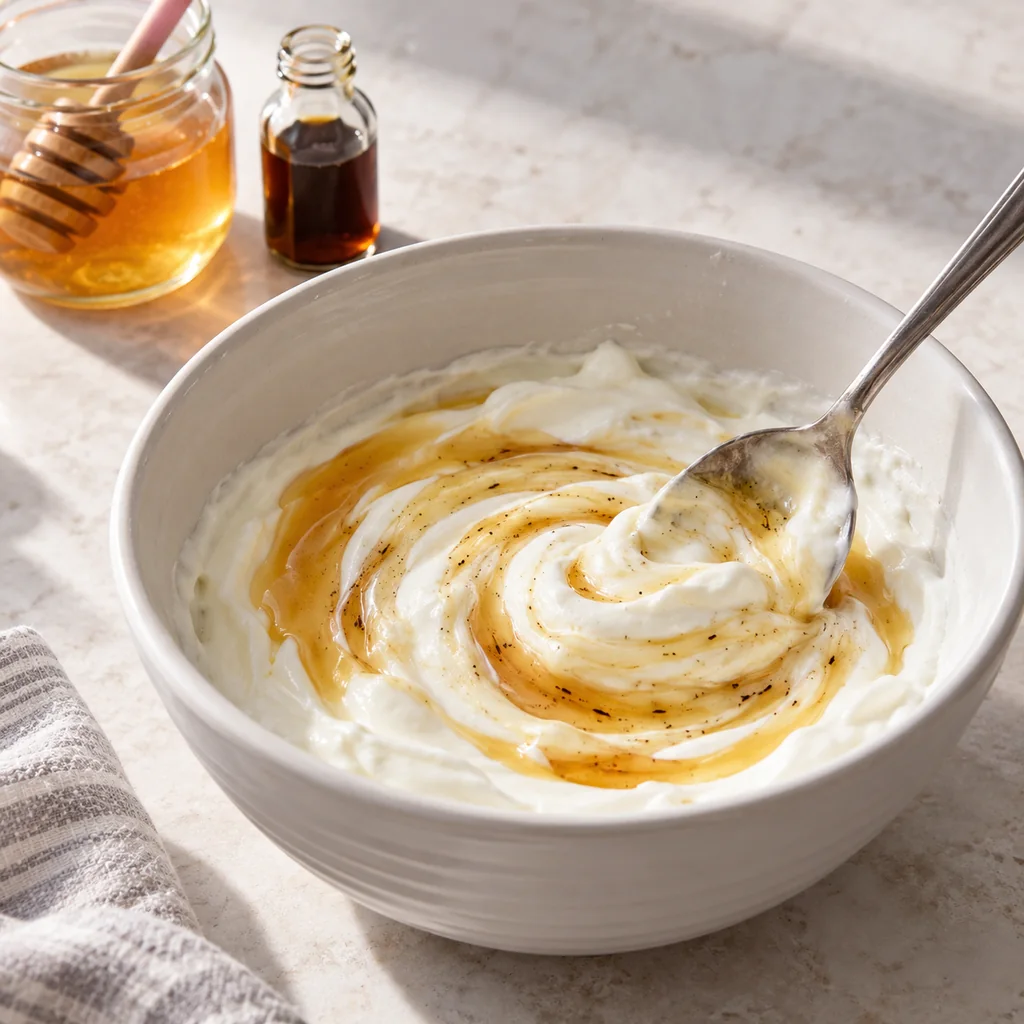 Honey and vanilla being stirred into thick Greek yogurt in a white bowl