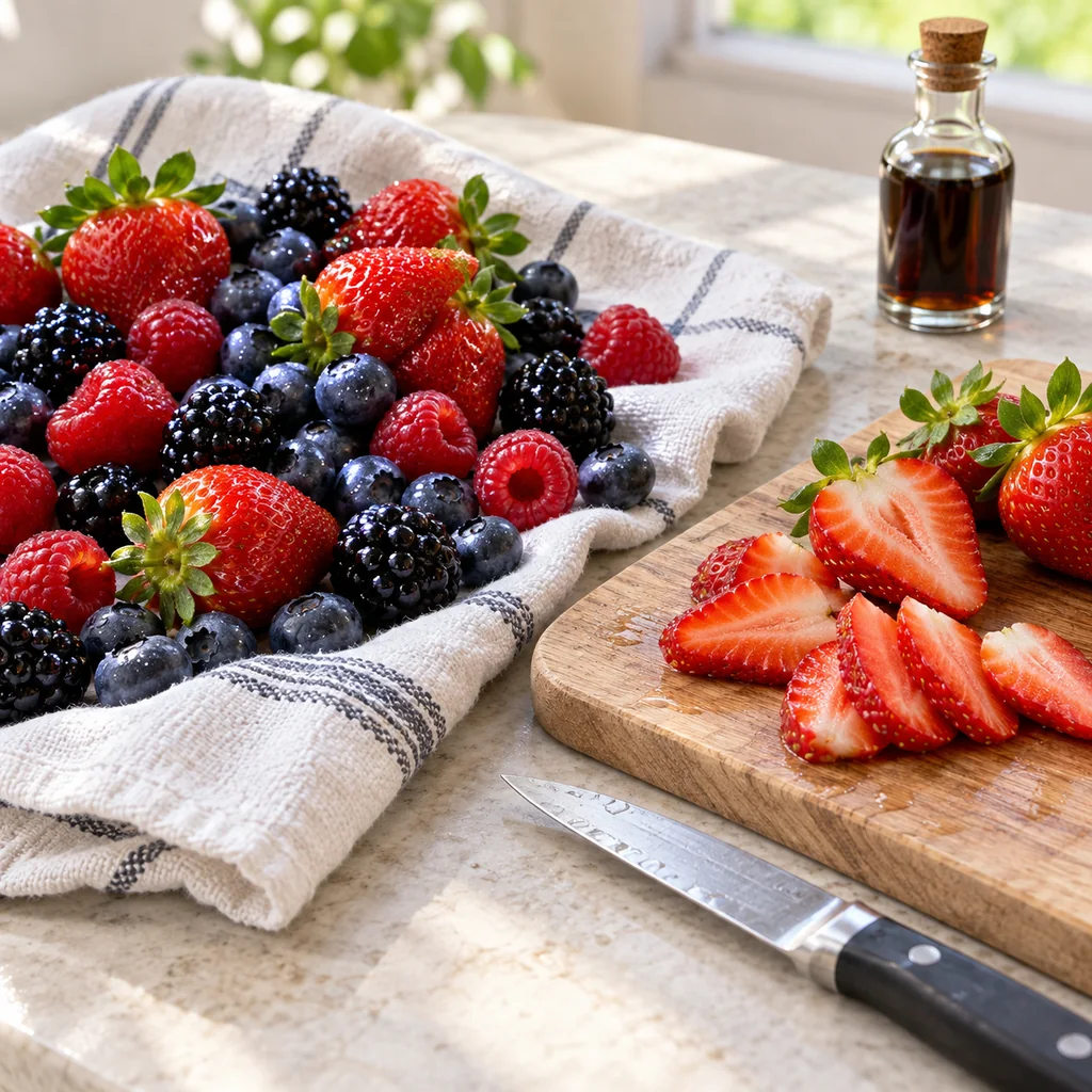 Mixed strawberries, blueberries, raspberries, and blackberries drying beside sliced strawberries