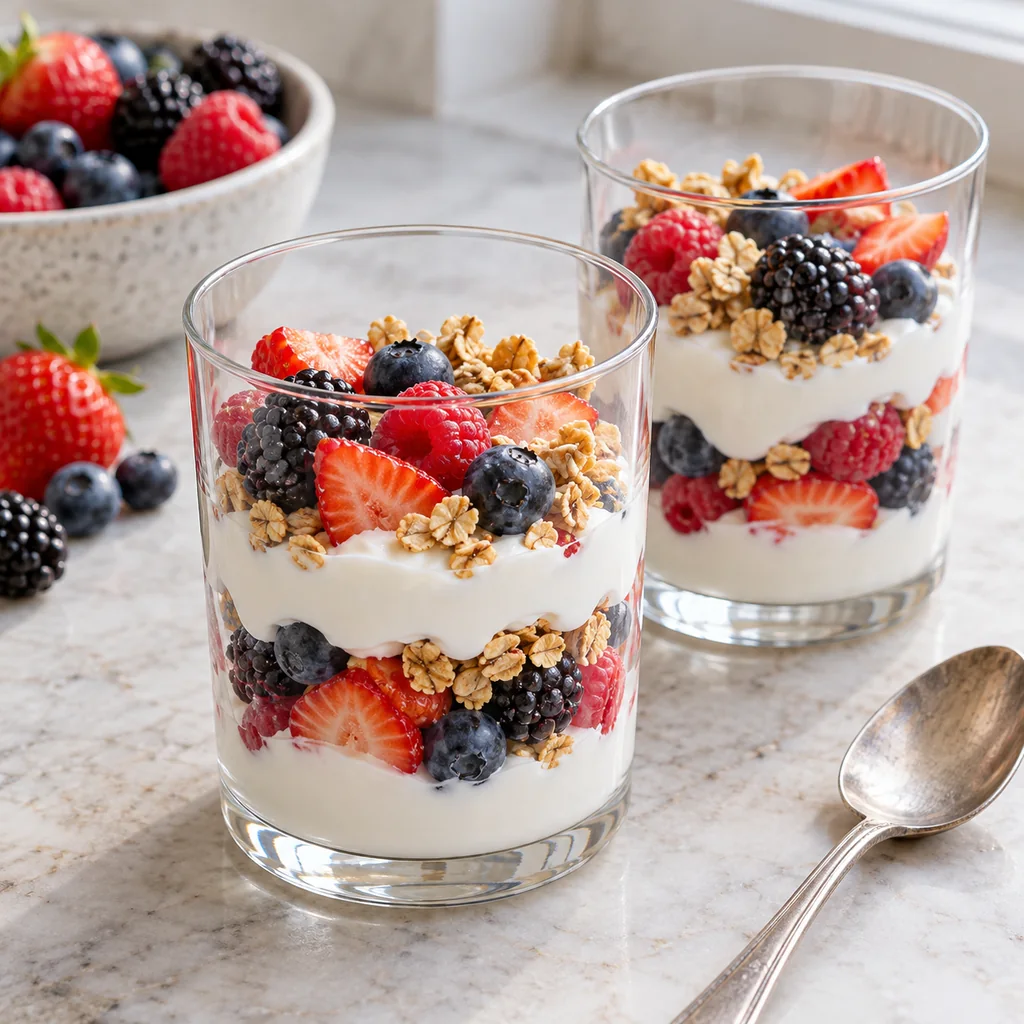 Two clear glasses with layers of Greek yogurt, mixed berries, and granola before final garnish