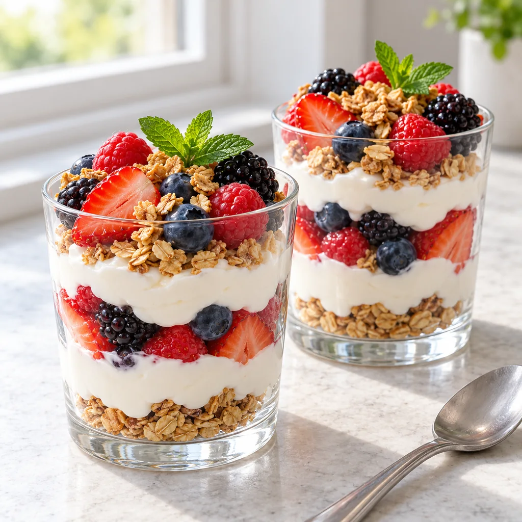 Two finished berry and Greek yogurt parfaits topped with granola and small mint sprigs