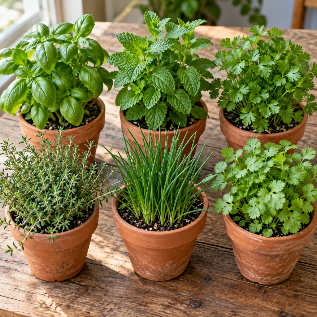 Six potted culinary herbs including basil, mint, parsley, thyme, chives, and cilantro