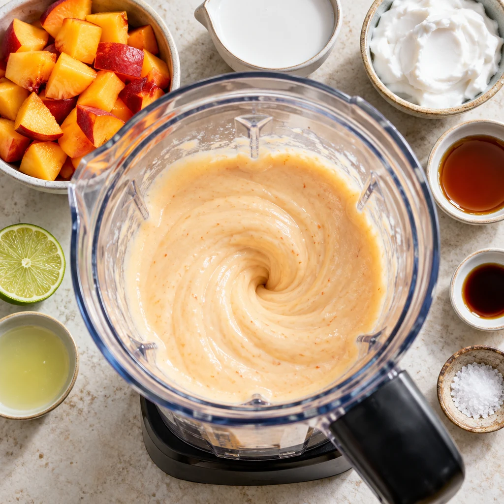 Peaches, coconut milk and coconut cream blended into a smooth pale peach mixture