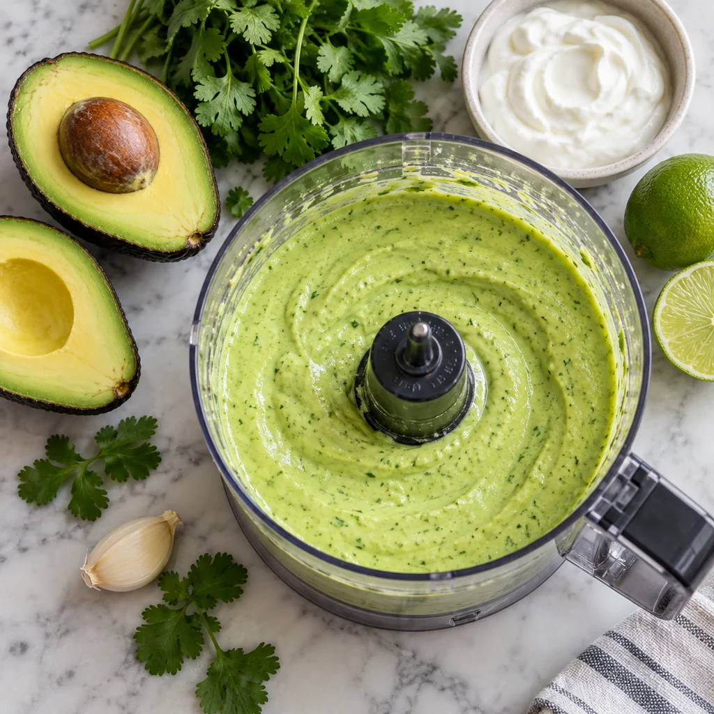 Smooth creamy avocado sauce in a food processor with avocado, yogurt, lime and cilantro