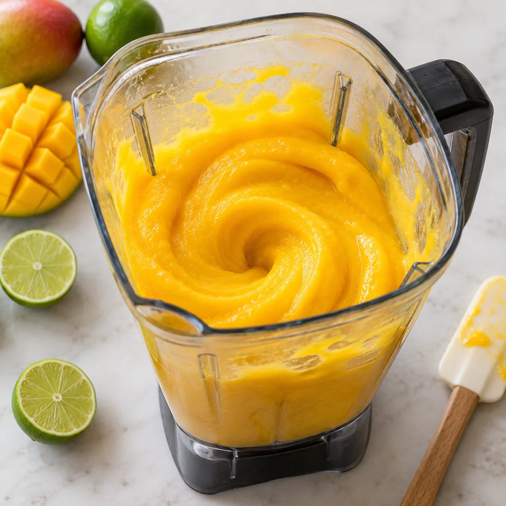 Thick smooth golden mango lime sorbet mixture in a blender