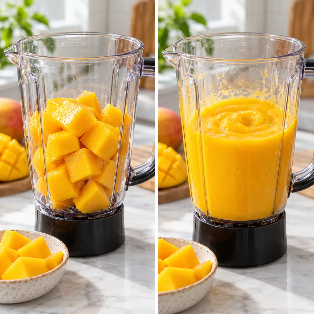 Fresh mango pieces being blended into a smooth golden puree