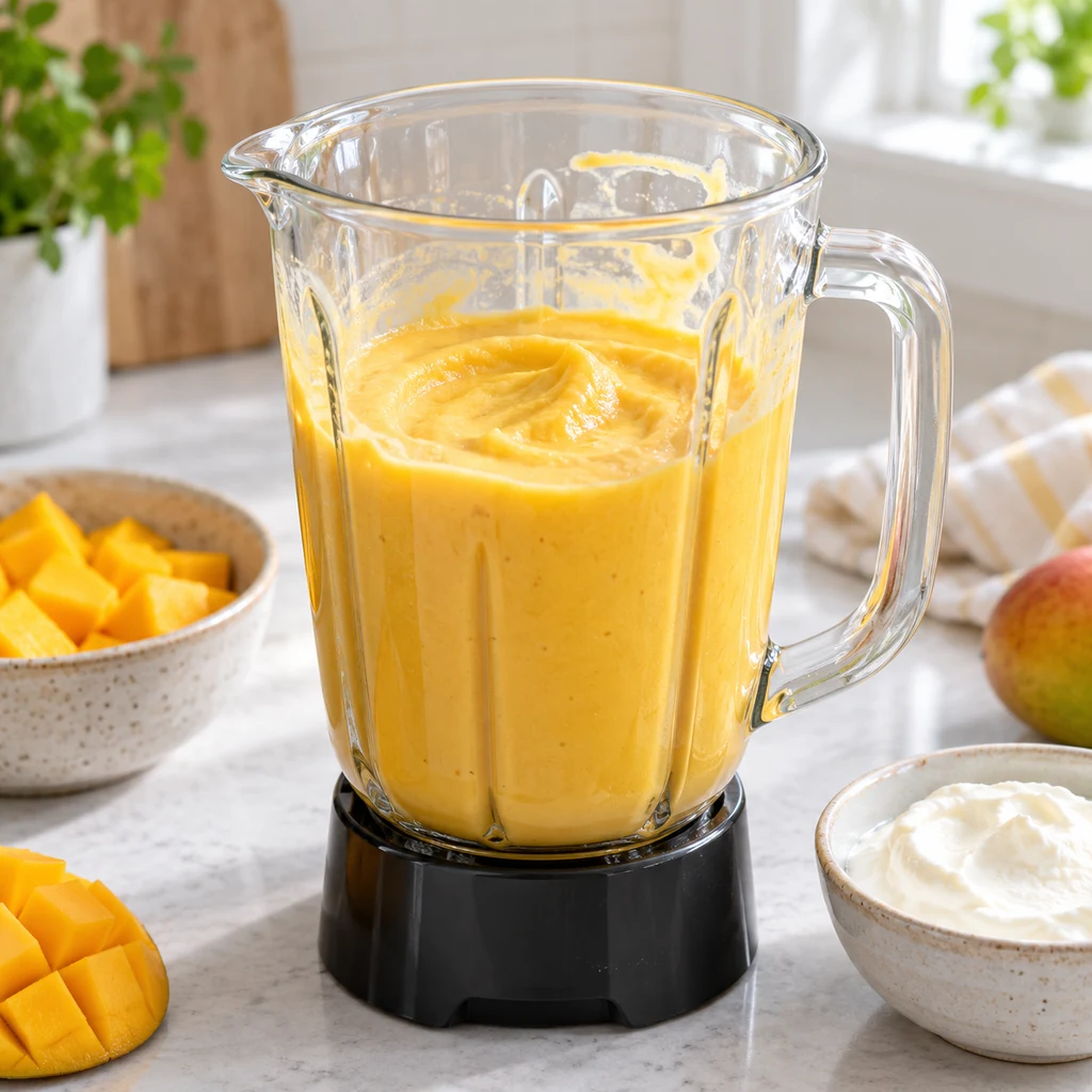 Thick golden mango and Greek yogurt mixture in a blender jar
