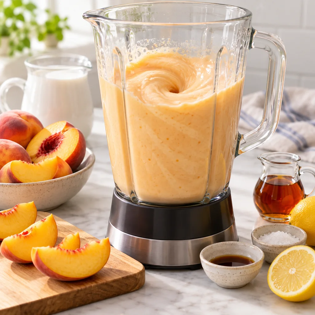 Creamy peach and coconut milk mixture blended until smooth