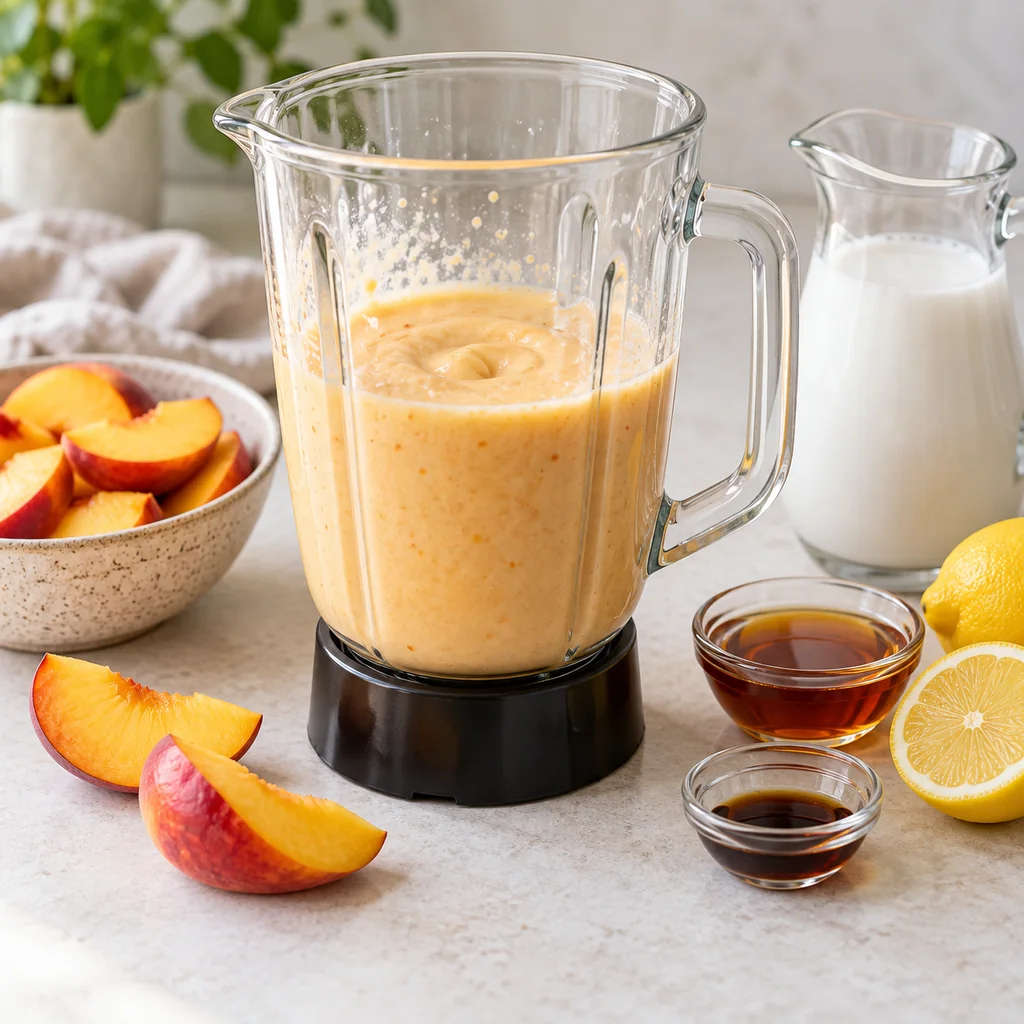 Smooth peach and coconut milk mixture in a blender