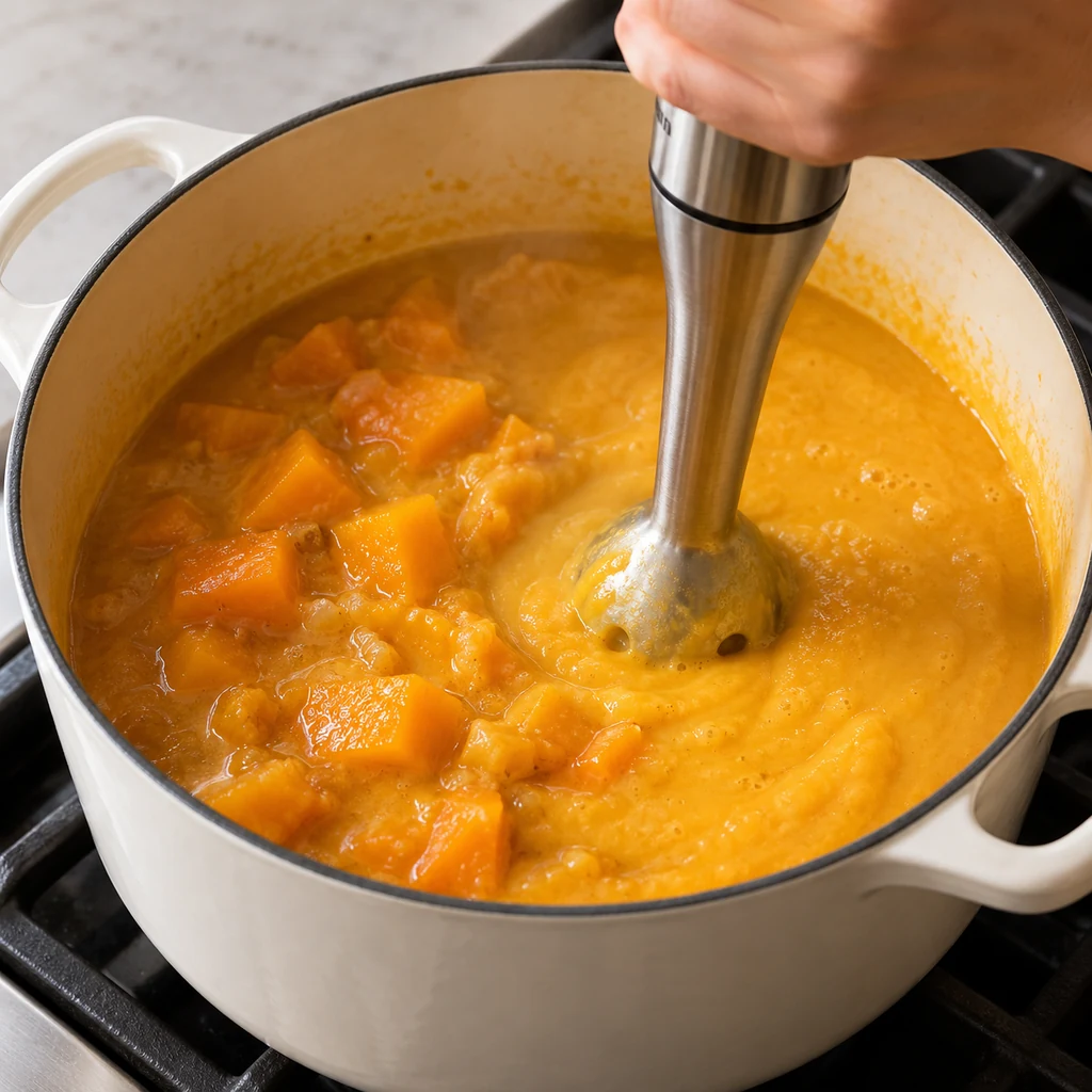 Immersion blender turning cooked butternut squash and coconut broth into smooth orange soup in the pot