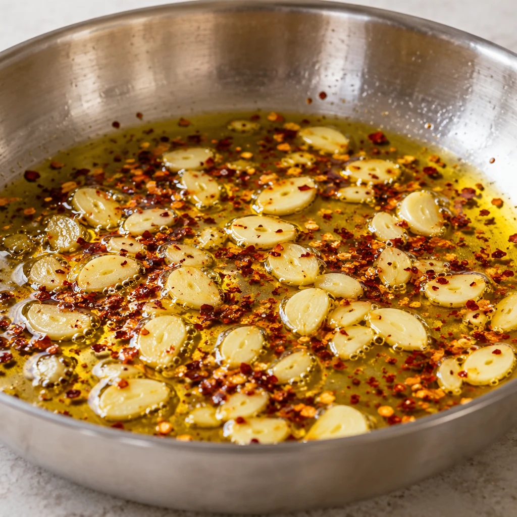 Red chili flakes blooming around golden garlic slices in warm olive oil in the skillet