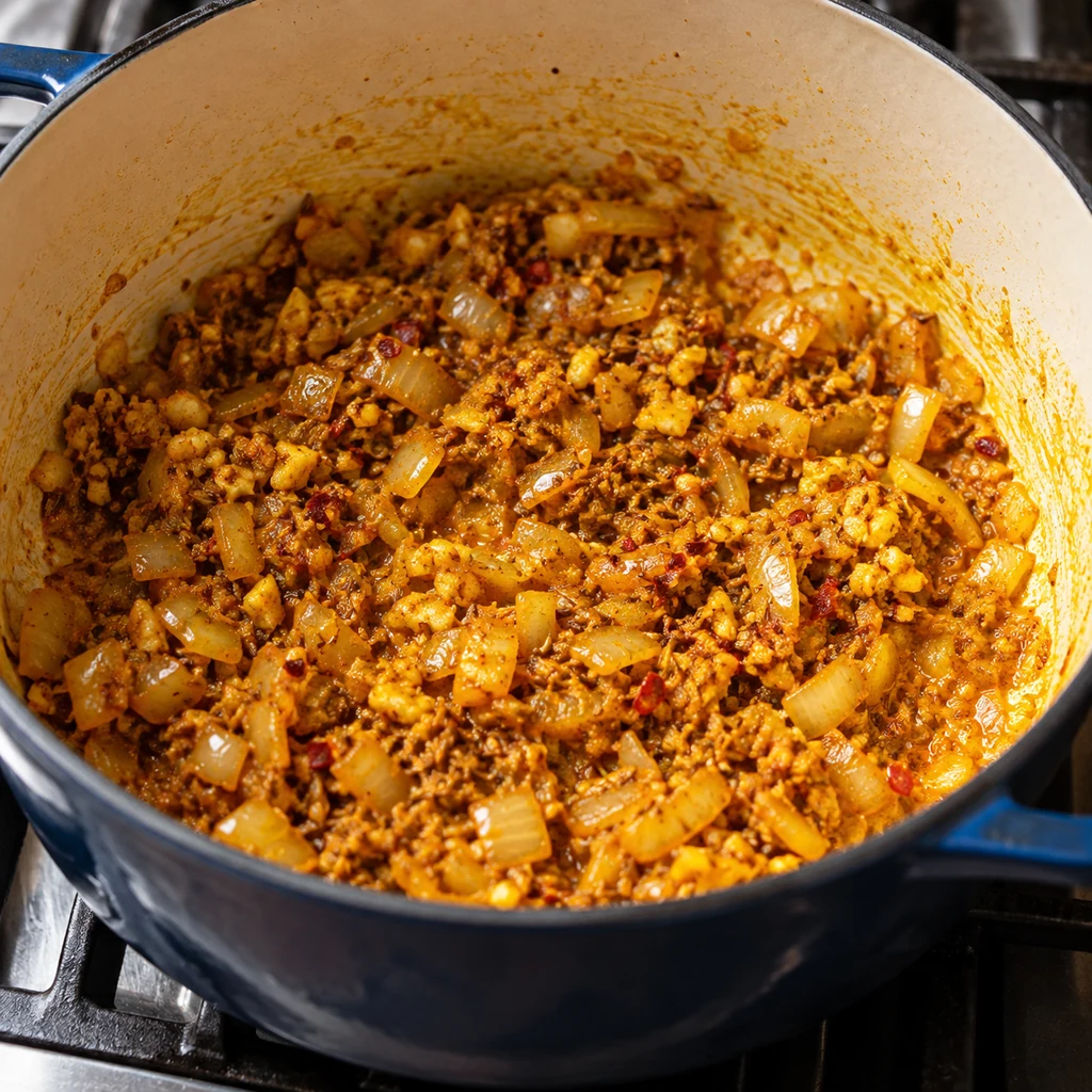 Curry powder, turmeric, cumin, coriander and chili blooming with onion, garlic and ginger