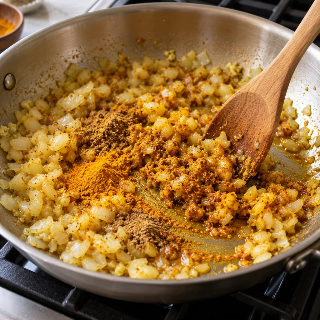 Curry powder, cumin and turmeric being stirred into softened onion