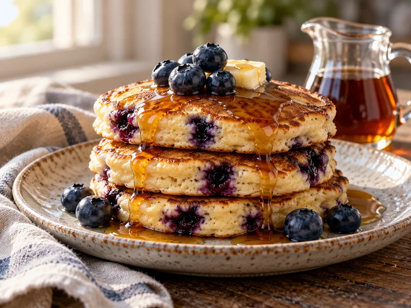 Stack of golden blueberry pancakes with maple syrup, fresh blueberries and a small pat of butter