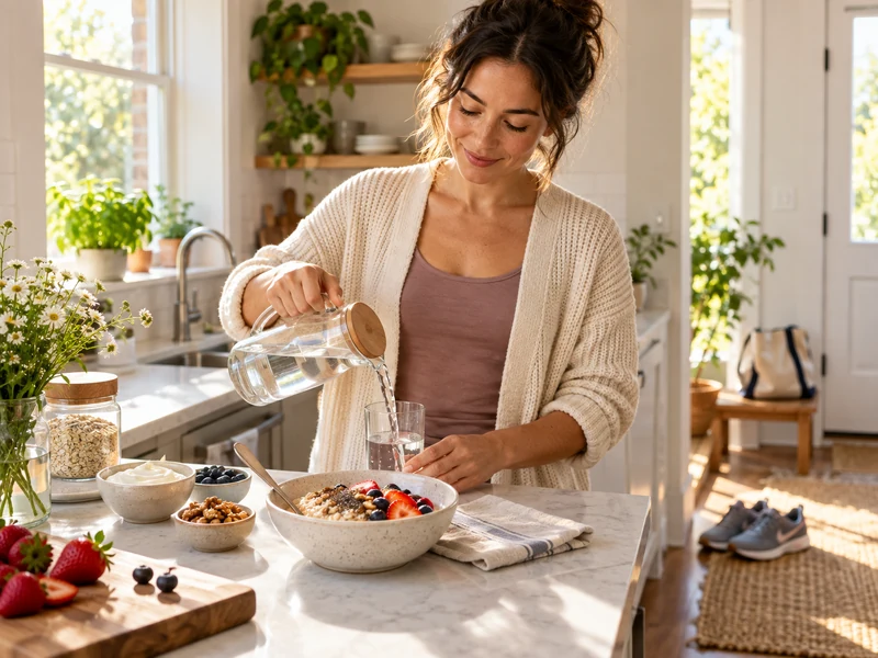 Morning routine with water, a balanced breakfast, daylight, and walking shoes