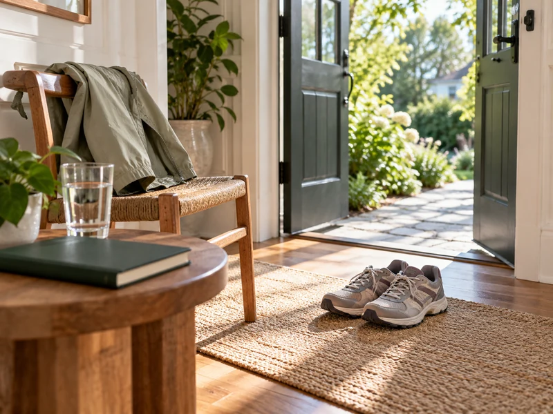 Walking shoes, water and journal by an open doorway in daylight
