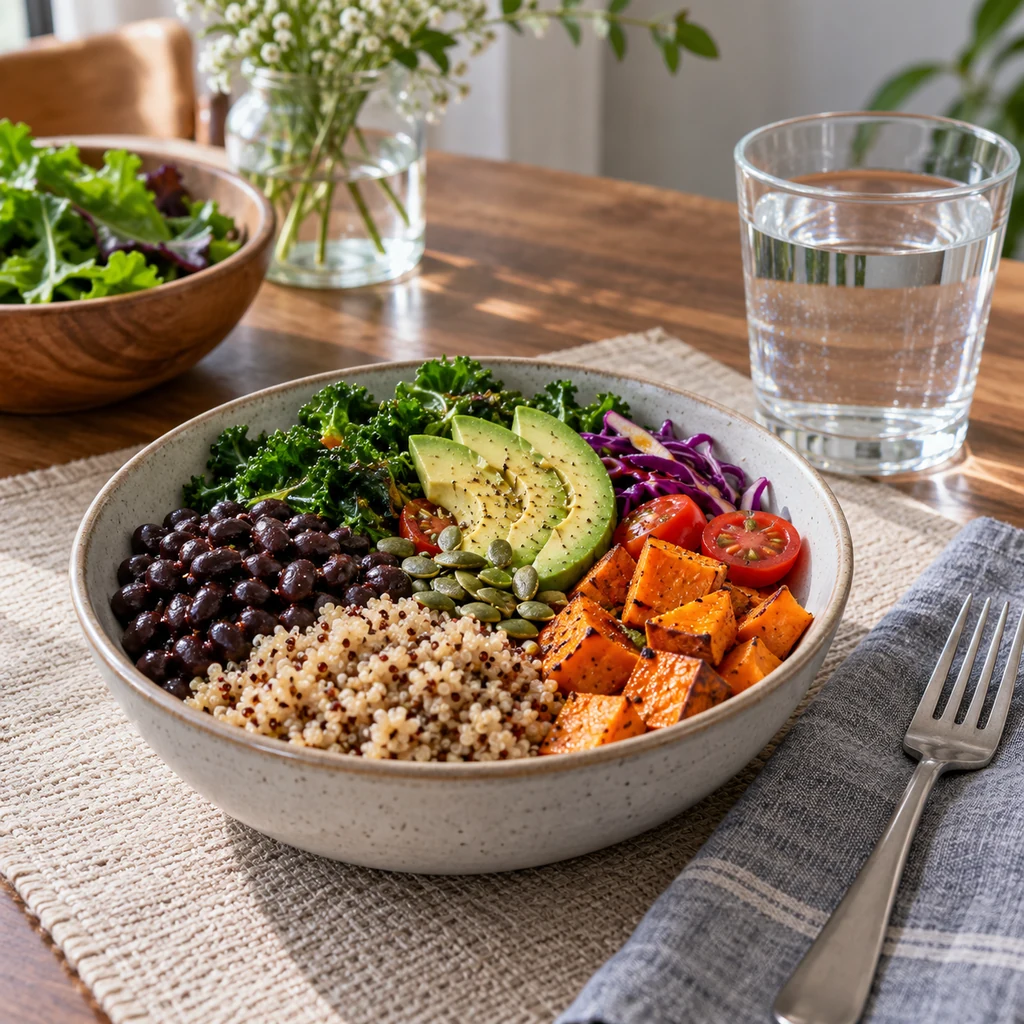 Balanced meal with vegetables, beans, whole grains and water on a dining table